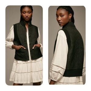 Anthropologie Quilted Black Textured Button Vest XXS $145